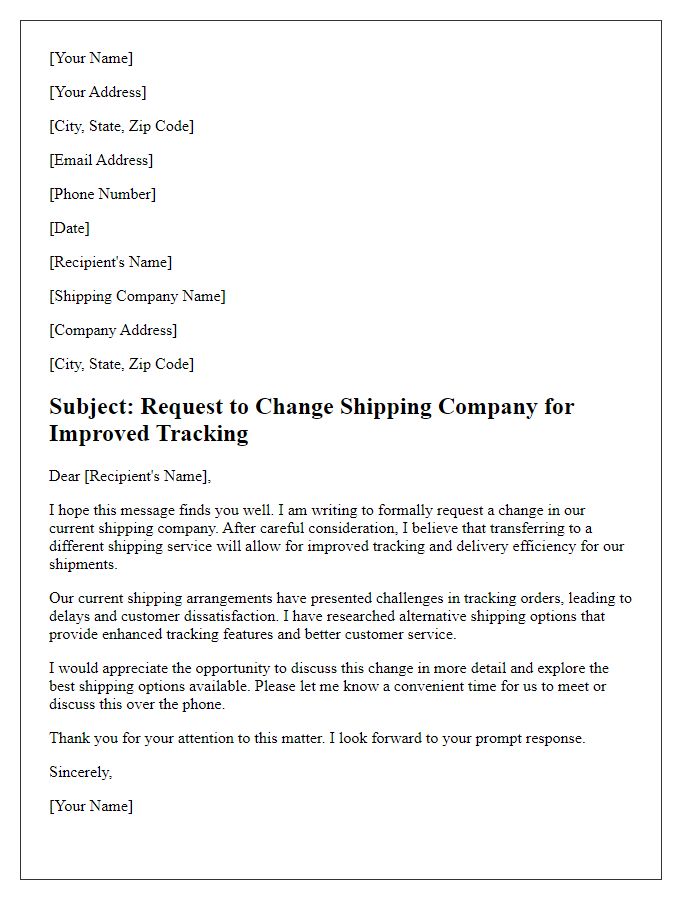 Letter template of request to change shipping company for improved tracking.