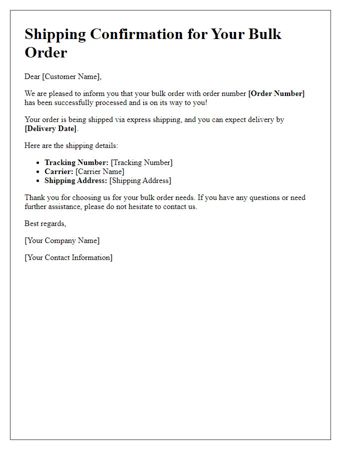 Letter template of express shipping confirmation for bulk orders