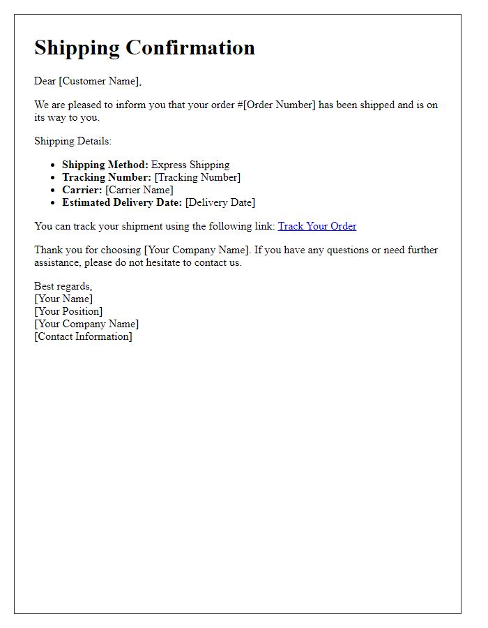 Letter template of express shipping confirmation for business accounts