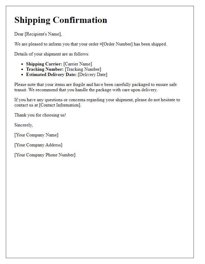 Letter template of express shipping confirmation for fragile items