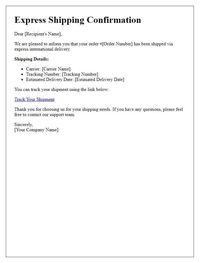 Letter template of express shipping confirmation for international delivery