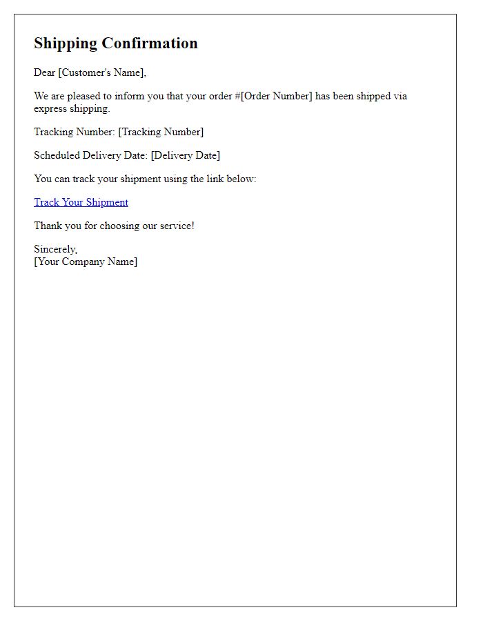 Letter template of express shipping confirmation for scheduled delivery