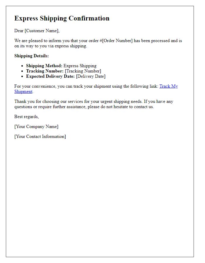 Letter template of express shipping confirmation for urgent requests