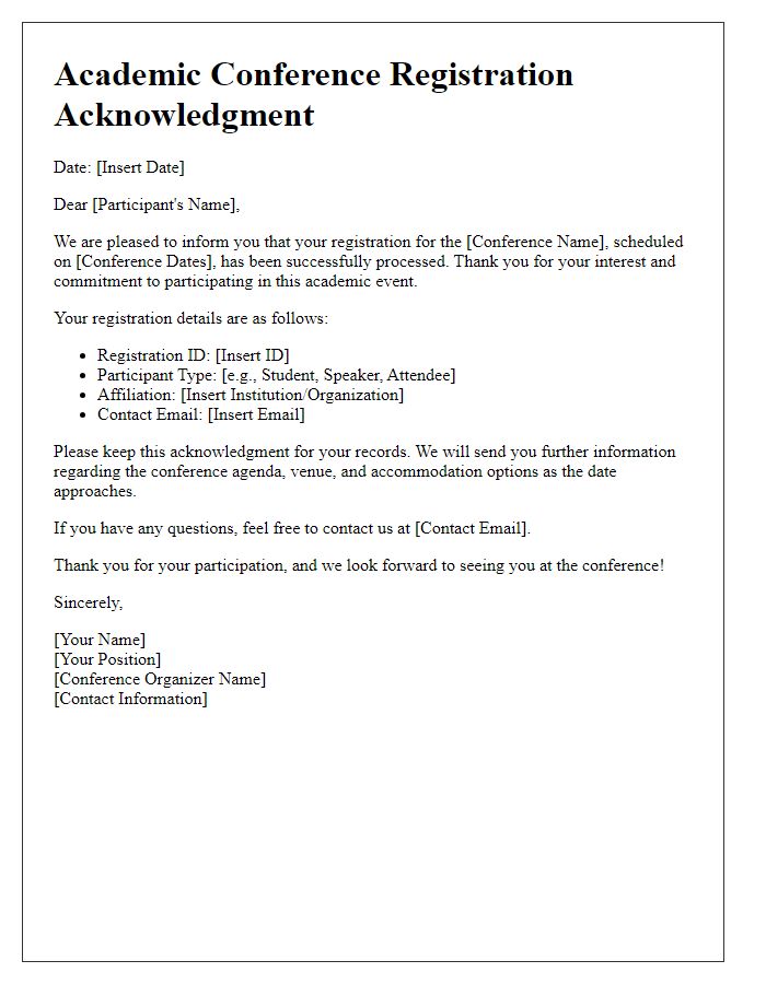 Letter template of acknowledgment for academic conference registration