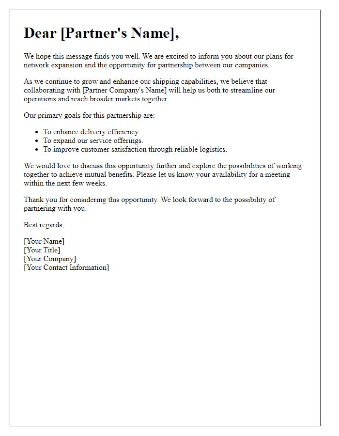 Letter template of network expansion for shipping partnerships.