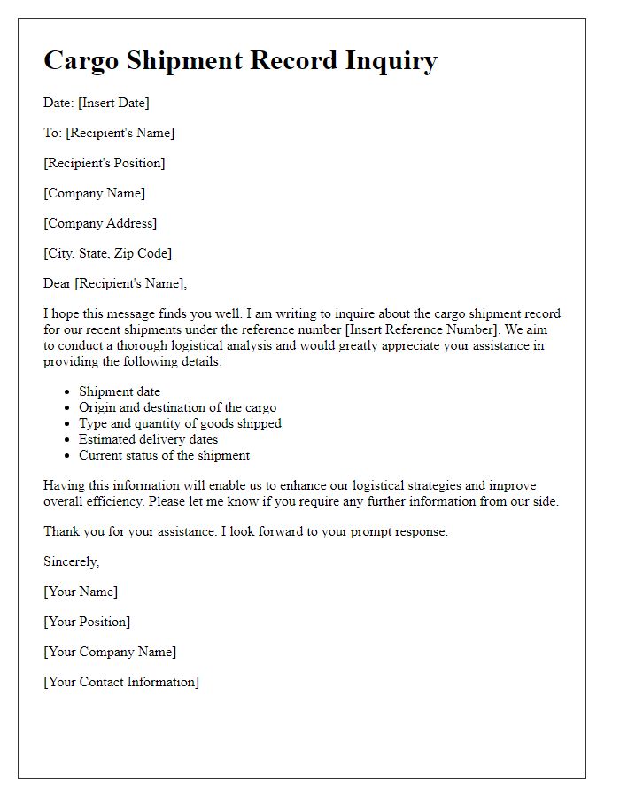 Letter template of cargo shipment record inquiry for logistical analysis.