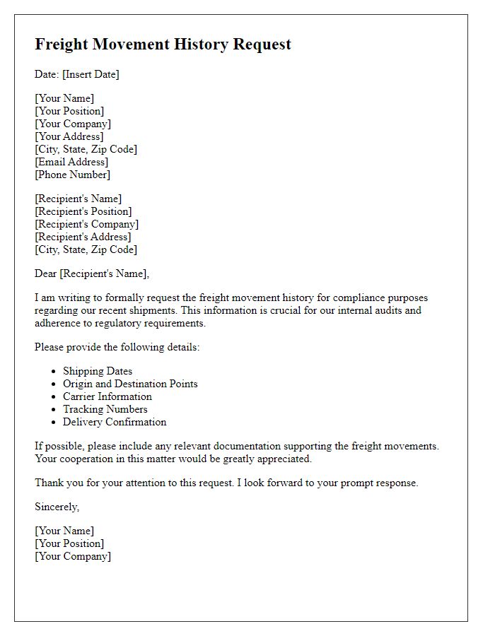 Letter template of freight movement history request for compliance purposes.