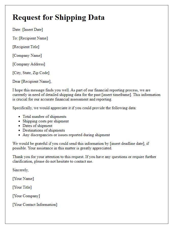 Letter template of shipping data request for financial reporting.