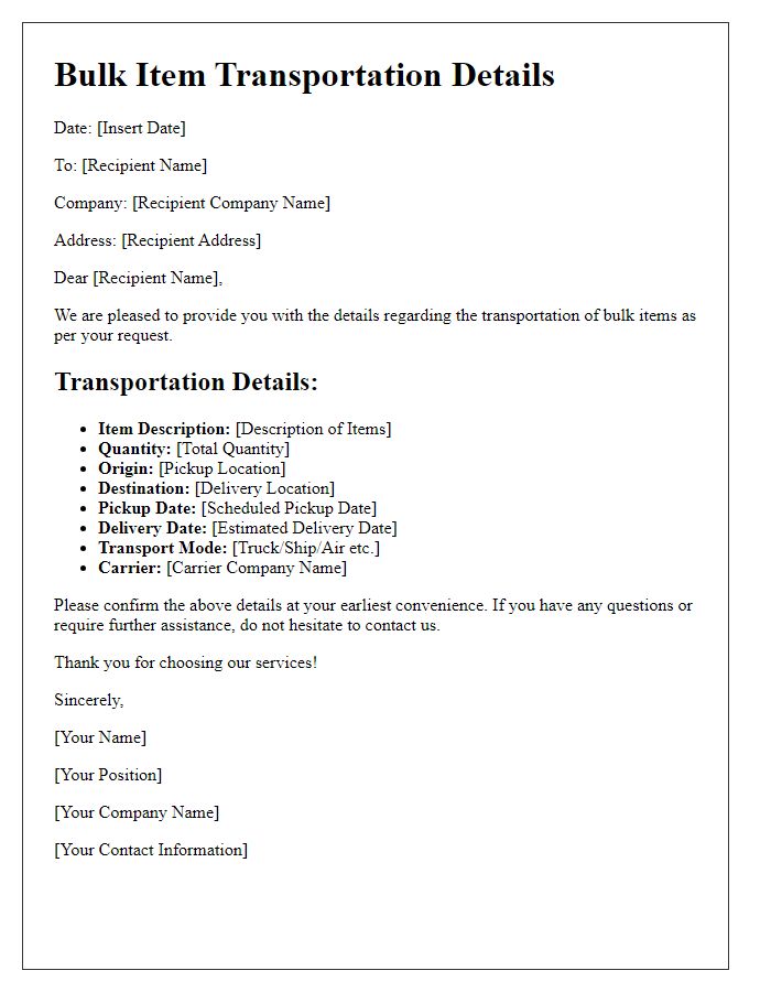 Letter template of bulk item transportation details