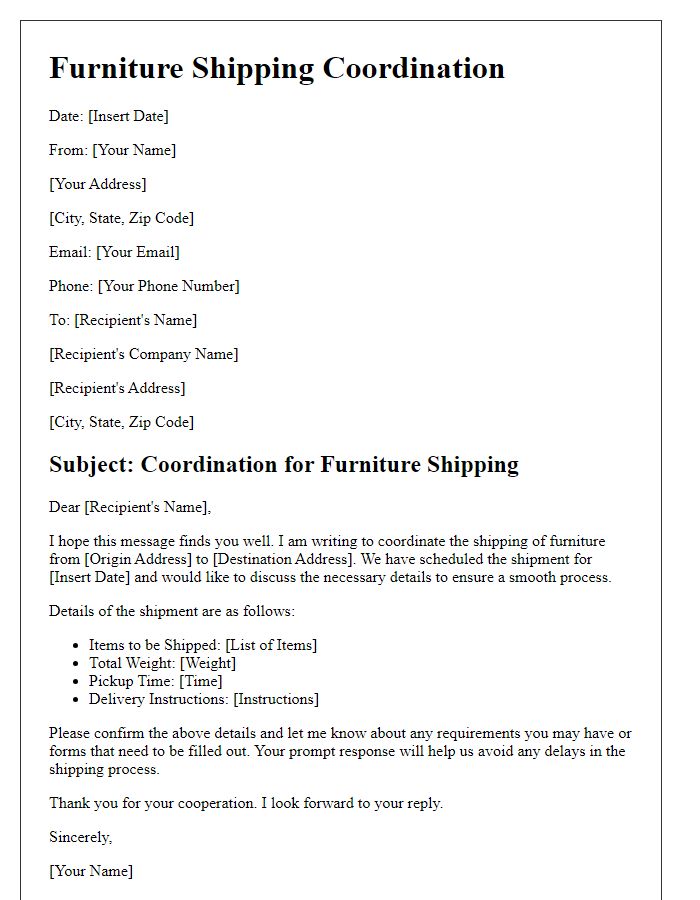 Letter template of furniture shipping coordination