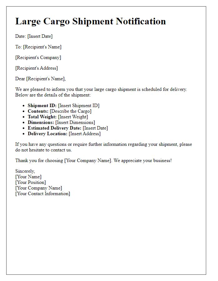 Letter template of large cargo shipment communication