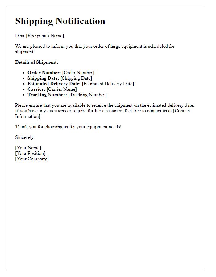 Letter template of shipping large equipment notification