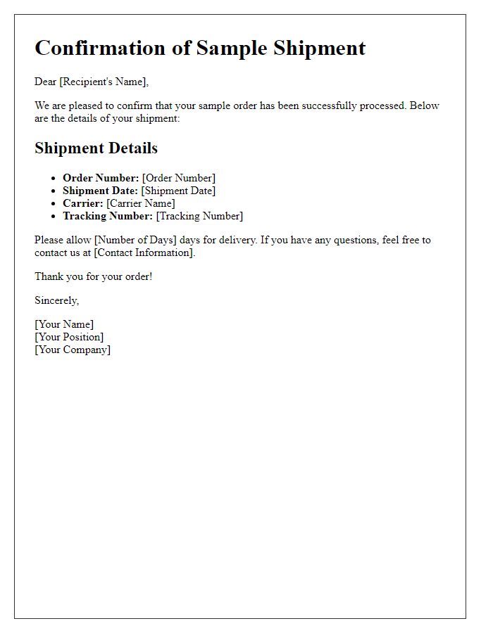 Letter template of confirmation for sample shipping and handling process