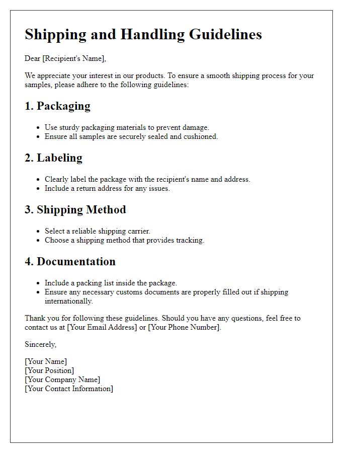 Letter template of guidelines for sample shipping and handling