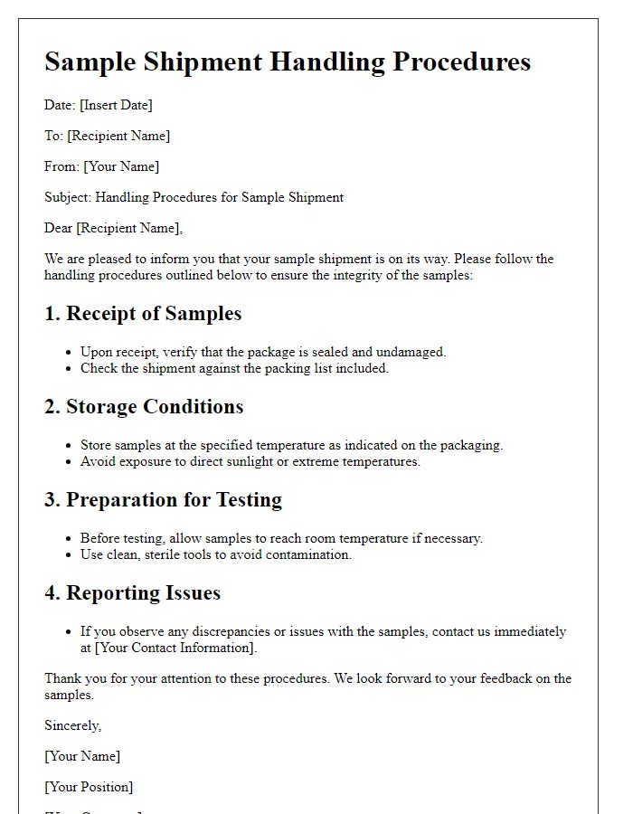 Letter template of handling procedures for sample shipment