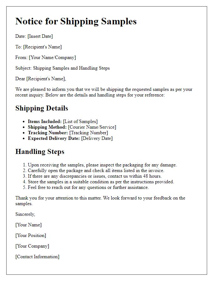 Letter template of notice for shipping samples and handling steps