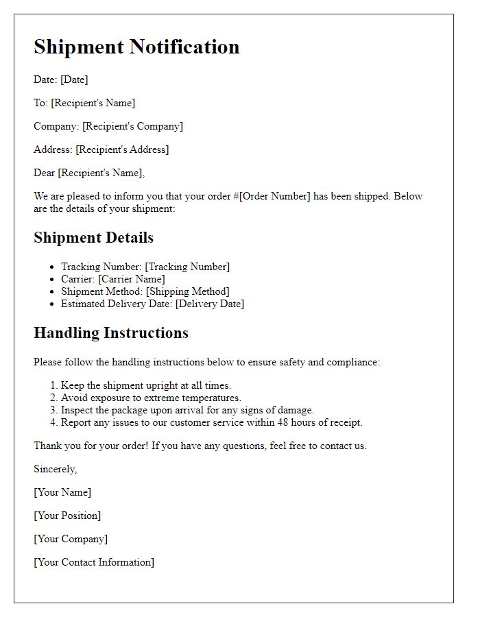 Letter template of sample shipment notification and handling instructions