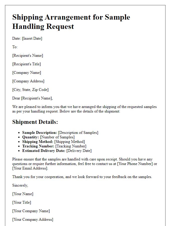 Letter template of shipping arrangement for sample handling requests