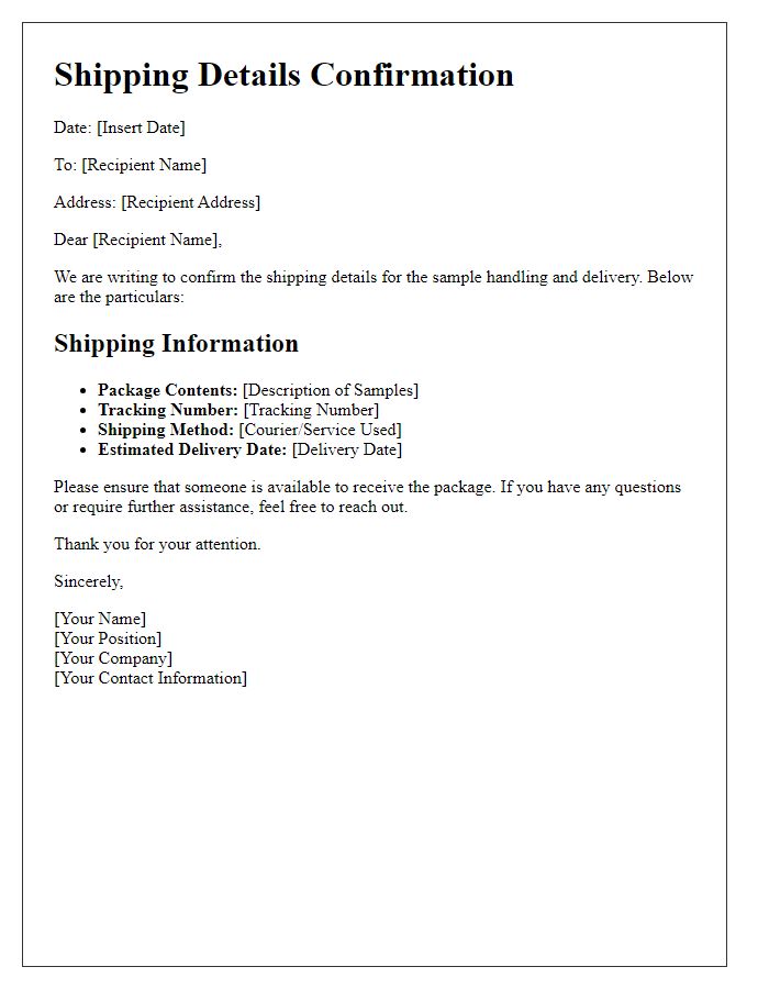 Letter template of shipping details for sample handling and delivery