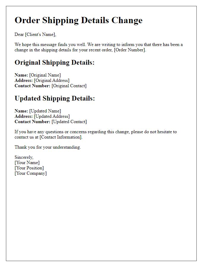 Letter template of client order shipping details change