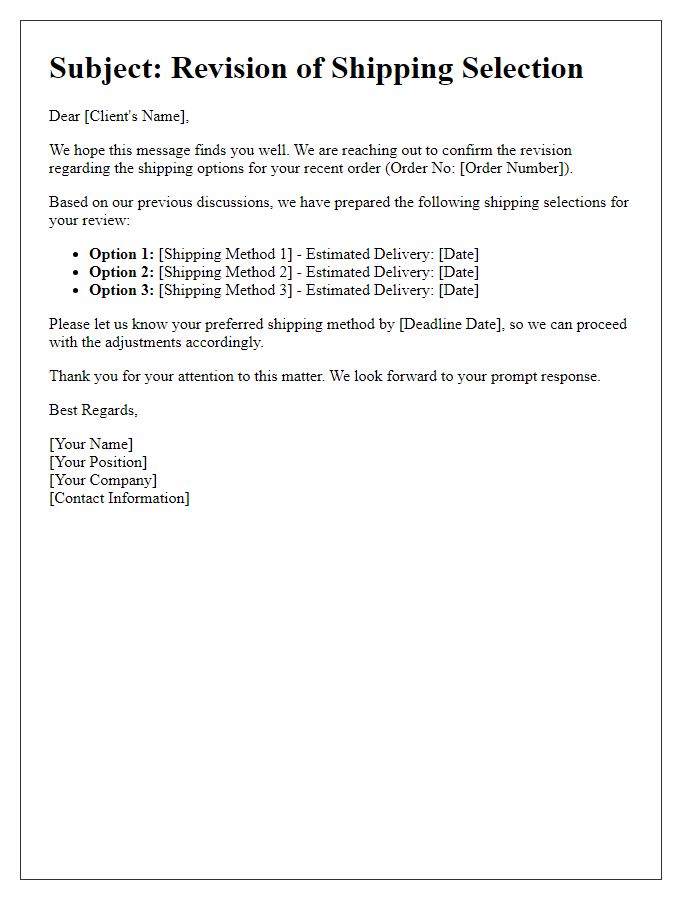 Letter template of client shipping selection revision
