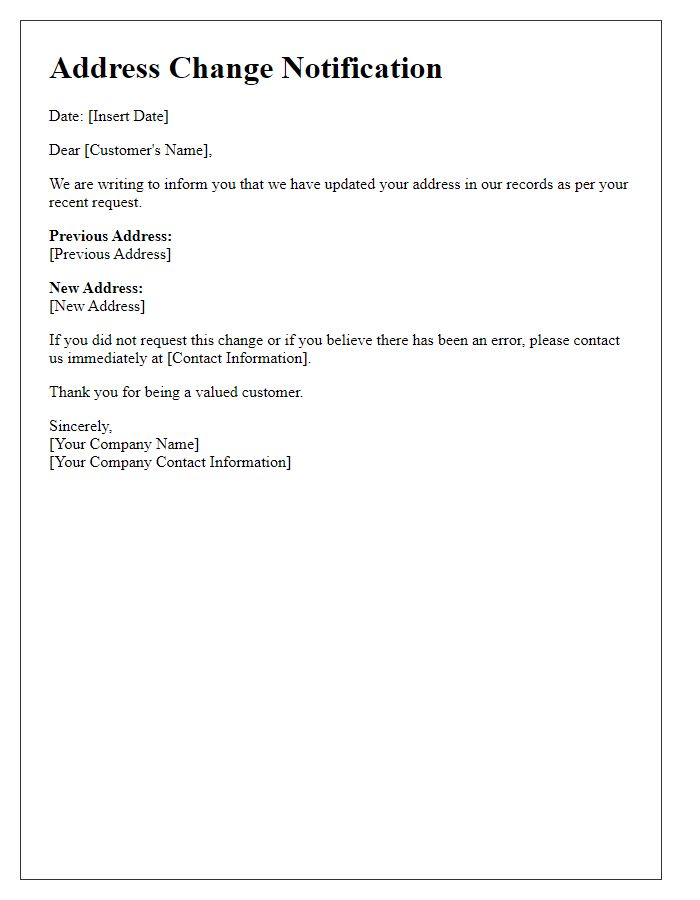 Letter template of customer address change notification