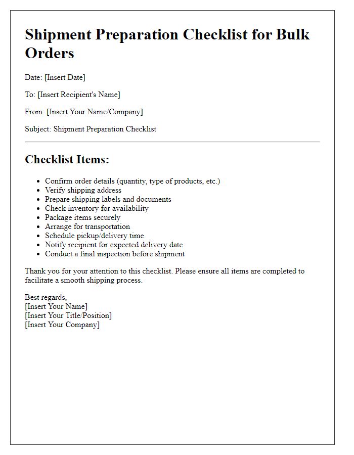 Letter template of shipment preparation checklist for bulk orders.