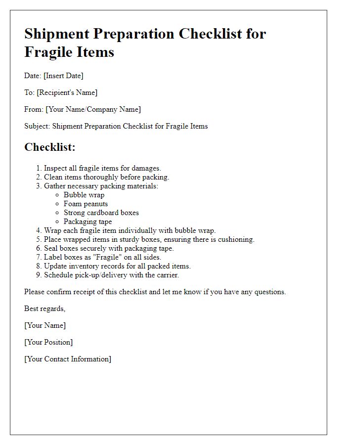 Letter template of shipment preparation checklist for fragile items.