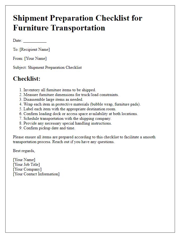 Letter template of shipment preparation checklist for furniture transportation.