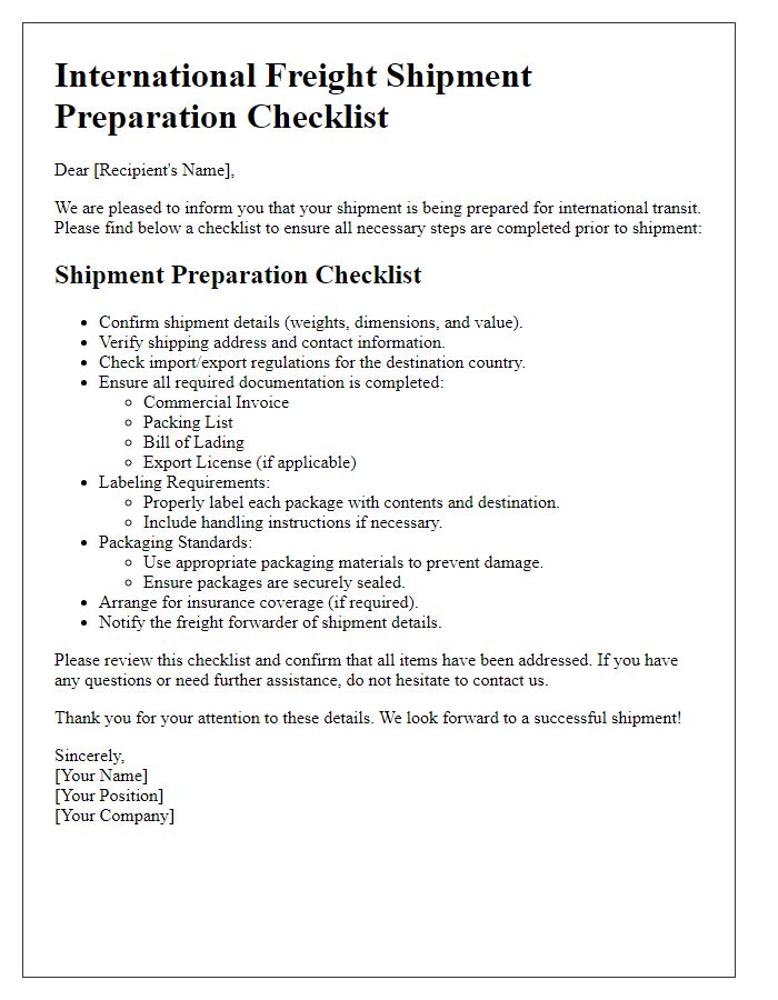 Letter template of shipment preparation checklist for international freight.