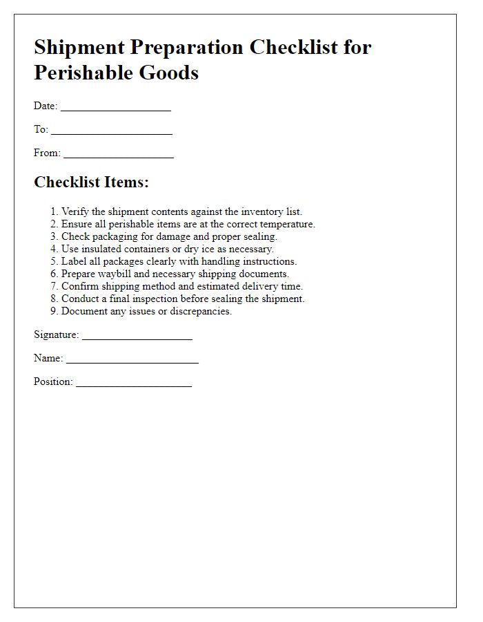 Letter template of shipment preparation checklist for perishable goods.