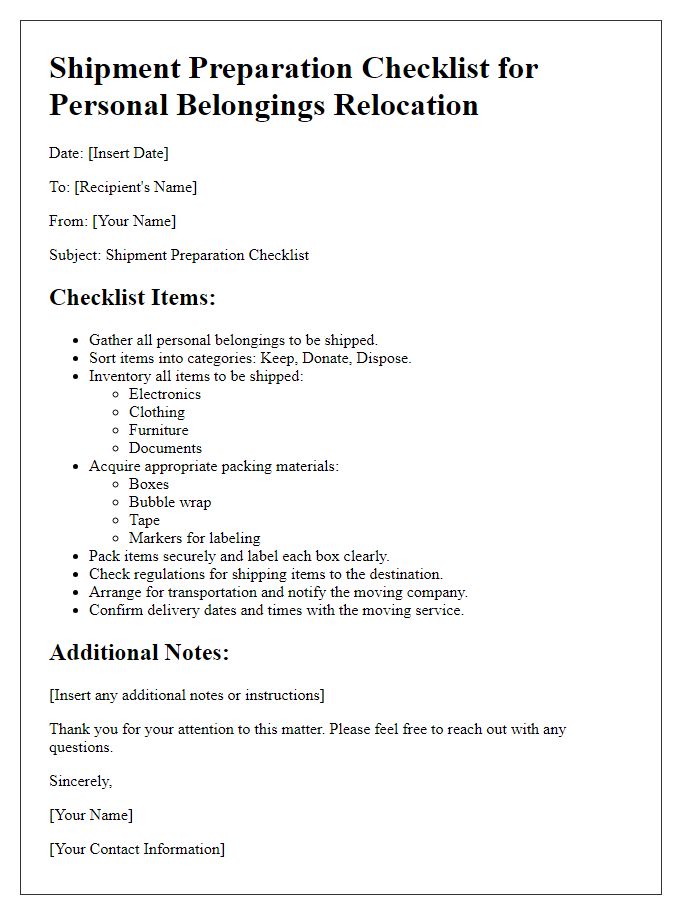 Letter template of shipment preparation checklist for personal belongings relocation.