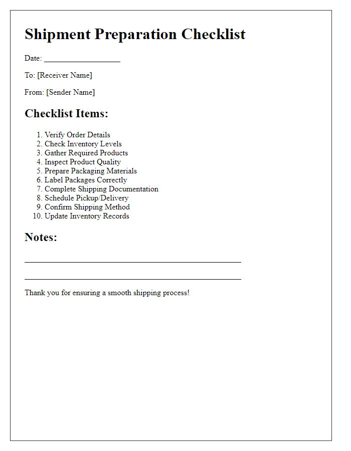 Letter template of shipment preparation checklist for retail inventory.