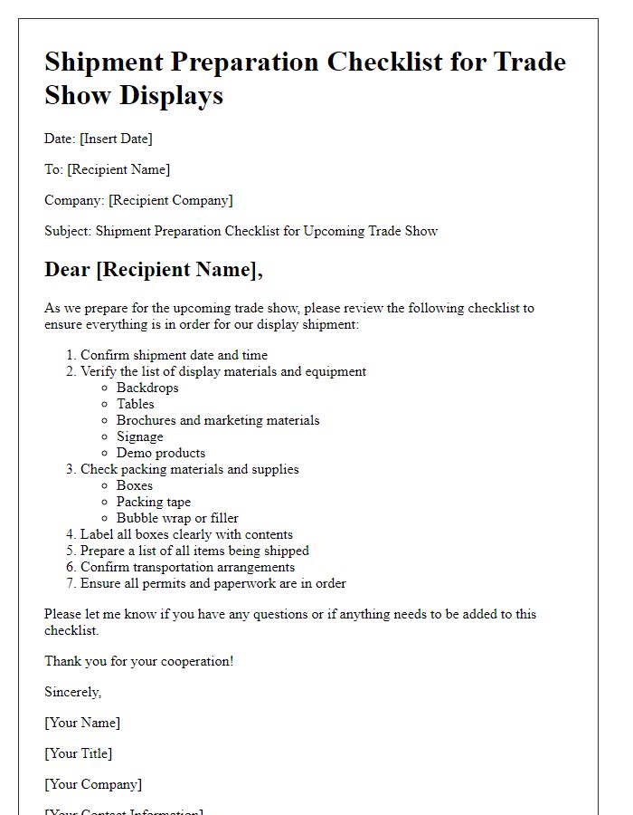 Letter template of shipment preparation checklist for trade show displays.