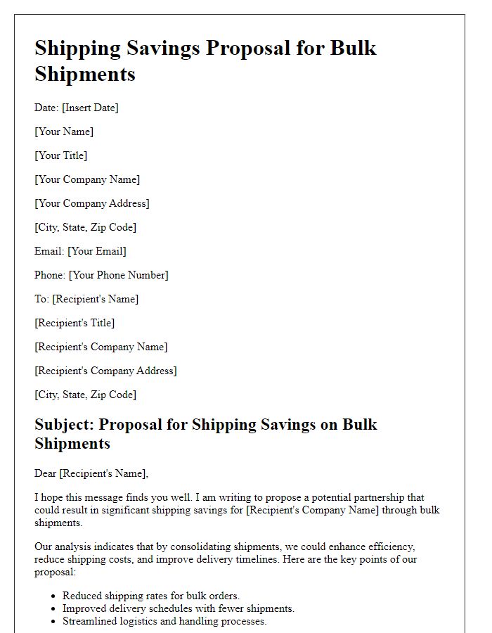 Letter template of shipping savings proposal for bulk shipments