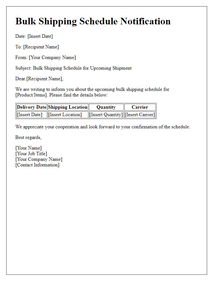 Letter template of bulk shipping schedule