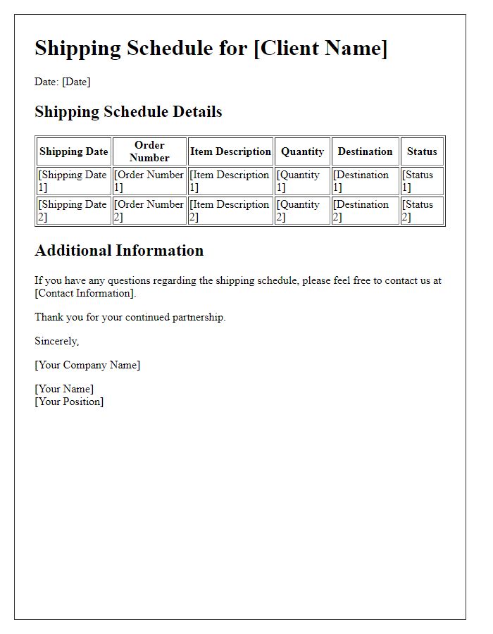 Letter template of client-specific shipping schedule