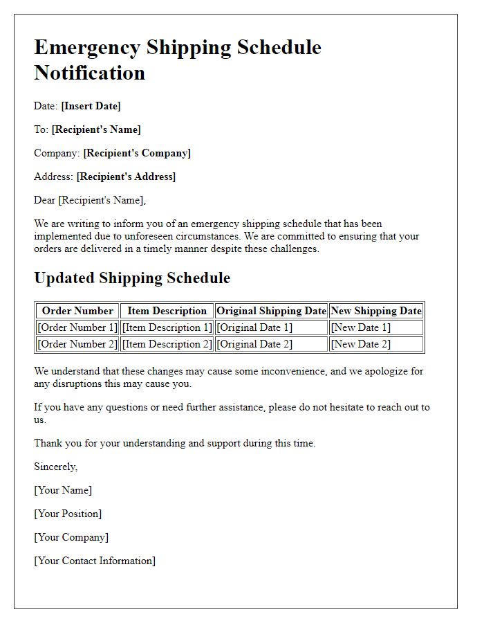 Letter template of emergency shipping schedule