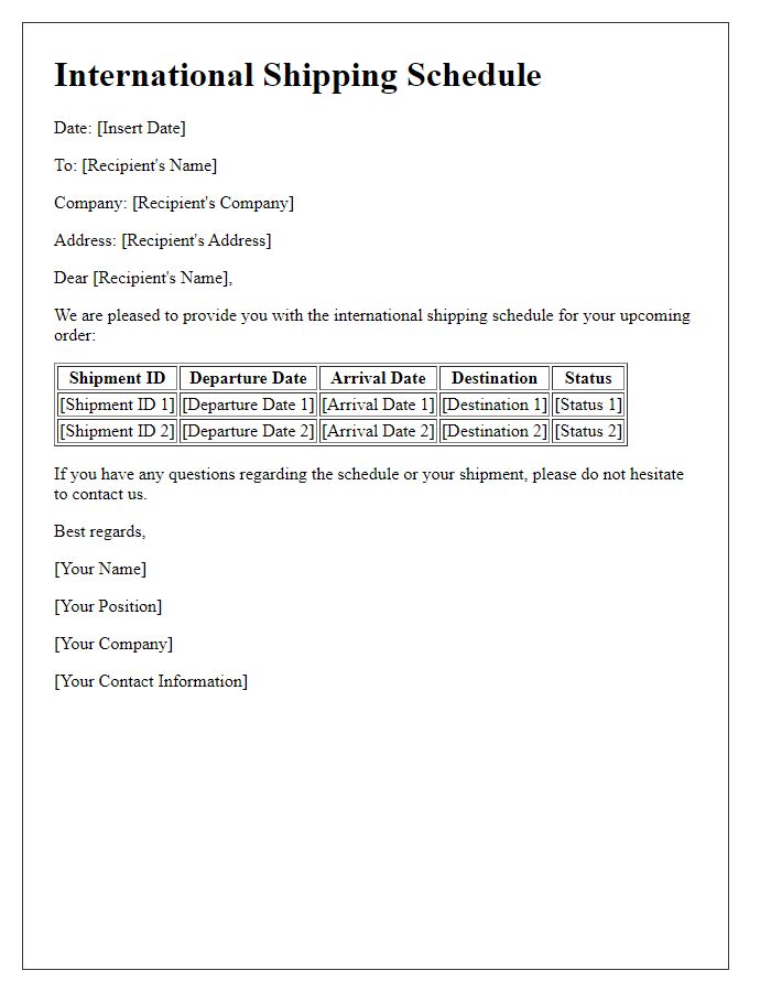 Letter template of international shipping schedule