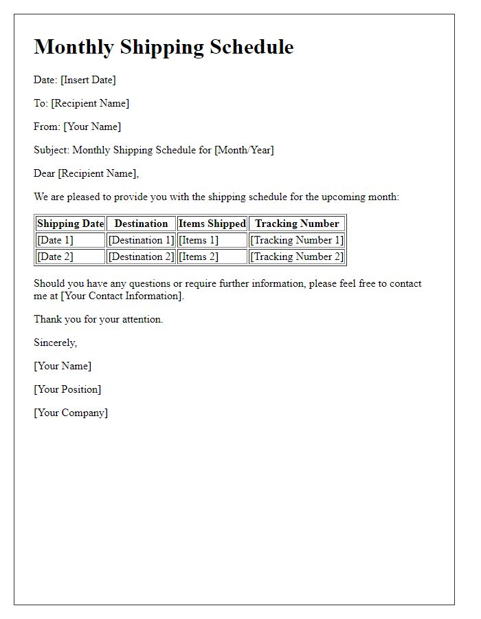 Letter template of monthly shipping schedule