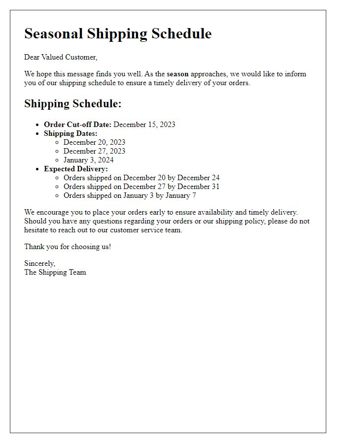 Letter template of seasonal shipping schedule