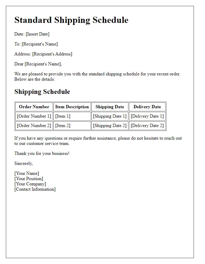 Letter template of standard shipping schedule