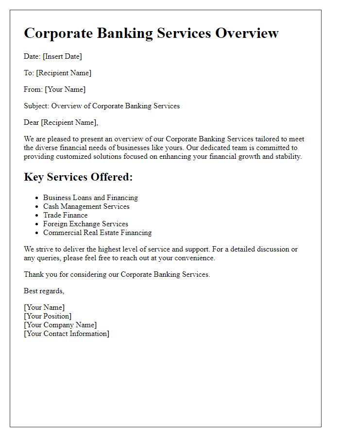 Letter template of Corporate Banking Services Overview