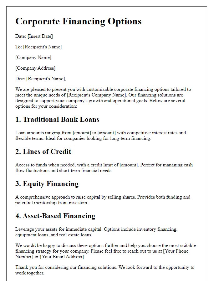 Letter template of Customizable Corporate Financing Options