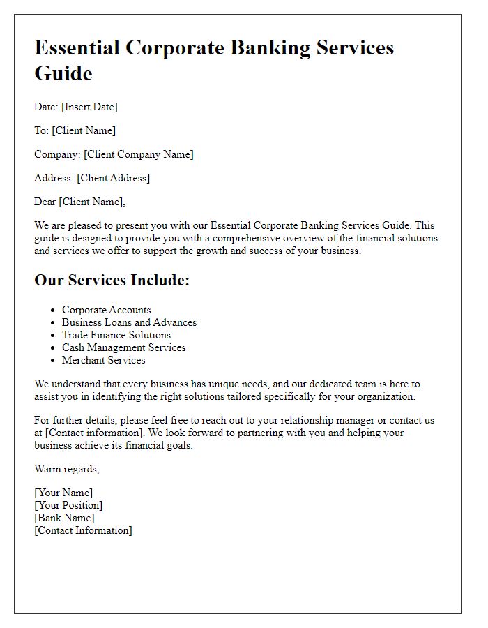 Letter template of Essential Corporate Banking Services Guide