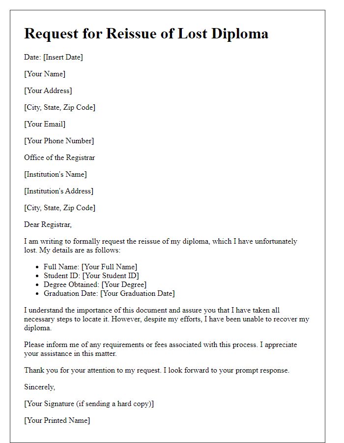 Letter template of procedure request for reissue of lost diploma