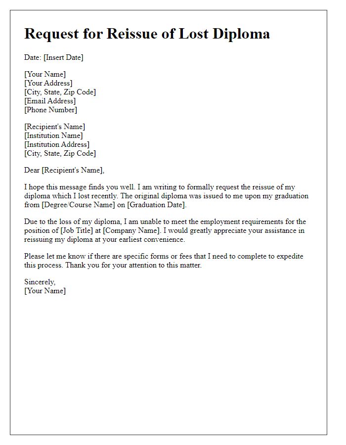 Letter template of request for reissue of lost diploma for employment purposes