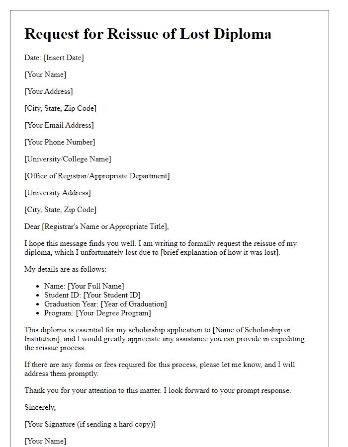 Letter template of statement for reissue of lost diploma for scholarship application