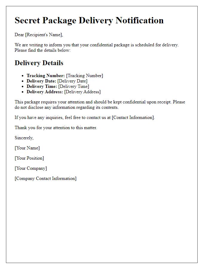 Letter template of secret package delivery notification.