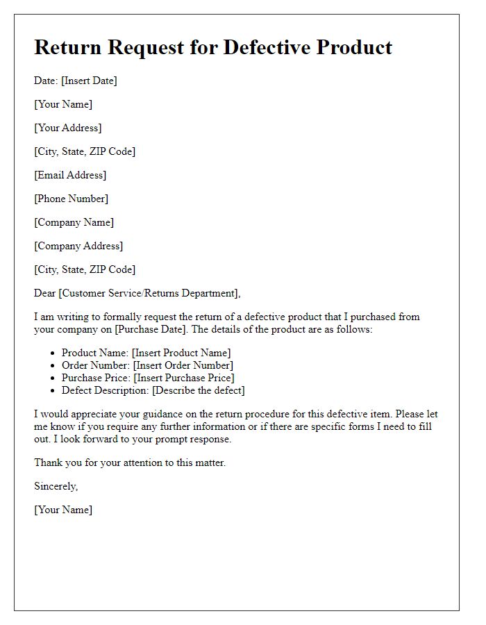 Letter template of defective product return procedure